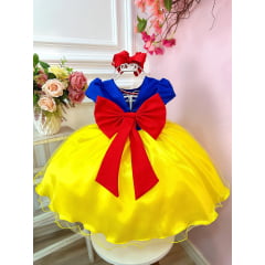 Vestido Infantil Branca de Neve Amarelo Azul C/ Broche