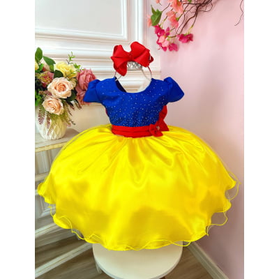 Vestido Infantil Branca de Neve Amarelo Azul C/ Broche