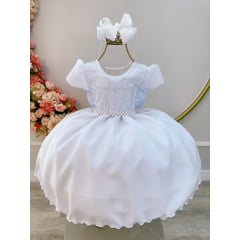 Vestido Infantil Branco Com Busto Nervura Pérolas Daminha