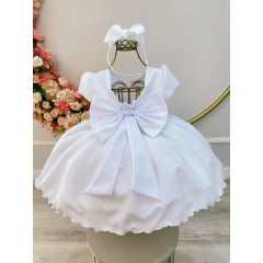 Vestido Infantil Branco Com Busto Nervura Pérolas Daminha