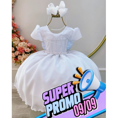 Vestido Infantil Branco Com Busto Nervura Pérolas Daminha