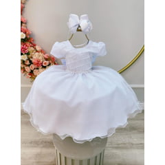 Vestido Infantil Branco Com Busto Nervura Pérolas e Glitter