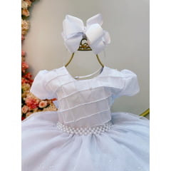 Vestido Infantil Branco Com Busto Nervura Pérolas e Glitter