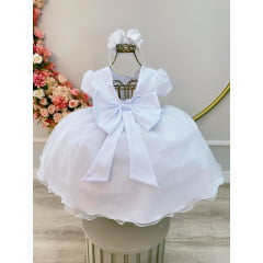 Vestido Infantil Branco Com Busto Nervura Pérolas e Glitter