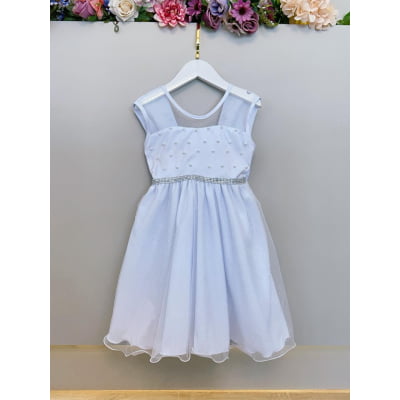Vestido Infantil Branco com Pérolas Saia C/ Glitter Daminhas