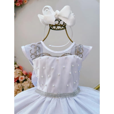Vestido Infantil Branco com Pérolas Saia C/ Glitter Daminhas
