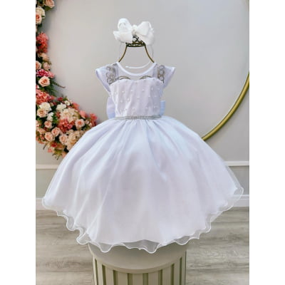 Vestido Infantil Branco com Pérolas Saia C/ Glitter Daminhas