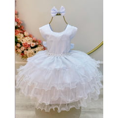 Vestido Infantil Branco Saia Babado e Glitter Pérolas Daminha