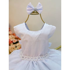 Vestido Infantil Branco Saia Babado e Glitter Pérolas Daminha