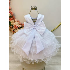 Vestido Infantil Branco Saia Babado e Glitter Pérolas Daminha