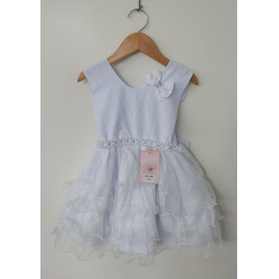 Vestido Infantil Branco Saia C/ Babados e Glitter Daminha