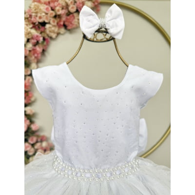 Vestido Infantil Branco Saia C/ Babados e Glitter Daminha