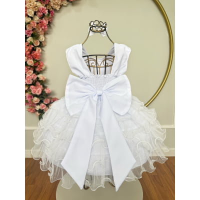 Vestido Infantil Branco Saia C/ Babados e Glitter Daminha