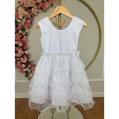 Vestido Infantil Branco Saia C/ Babados e Glitter Daminha