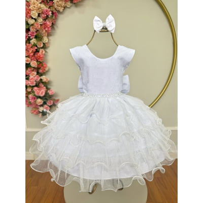 Vestido Infantil Branco Saia C/ Babados e Glitter Daminha