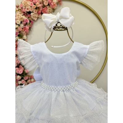 Vestido Infantil Branco Saia C/ Babados e Glitter Festas
