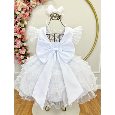 Vestido Infantil Branco Saia C/ Babados e Glitter Festas
