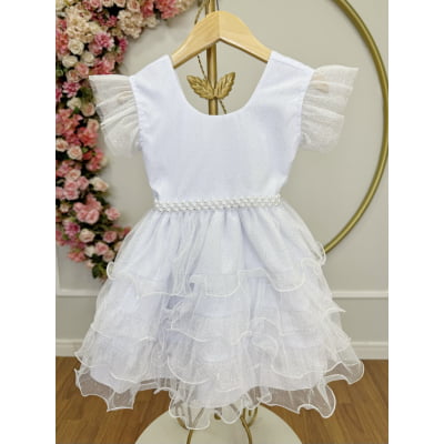 Vestido Infantil Branco Saia C/ Babados e Glitter Festas