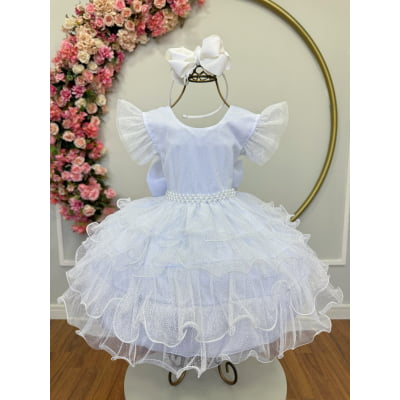 Vestido Infantil Branco Saia C/ Babados e Glitter Festas