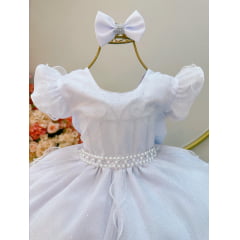 Vestido Infantil Branco Saia Com Tule e Glitter Daminha