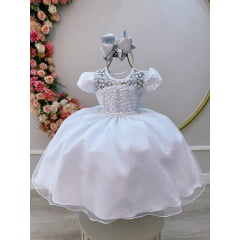 Vestido Infantil Branco Tule Bordado com Glitter Daminhas