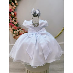 Vestido Infantil Branco Tule Bordado com Glitter Daminhas