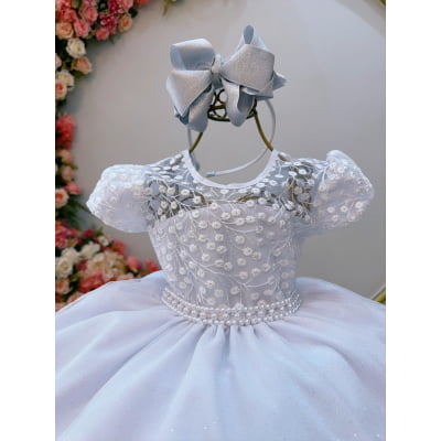 Vestido Infantil Branco Tule Bordado com Glitter Daminhas