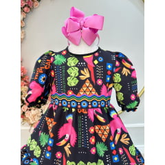 Vestido infantil Crepinho C/ Manga Preto Florido Colorido