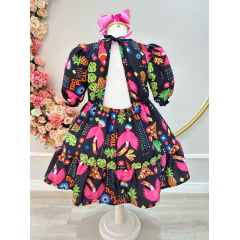 Vestido infantil Crepinho C/ Manga Preto Florido Colorido