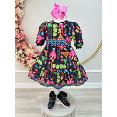 Vestido infantil Crepinho C/ Manga Preto Florido Colorido