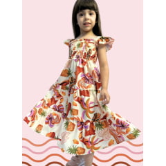 Vestido infantil Crepinho Frutas Colorido Luxo