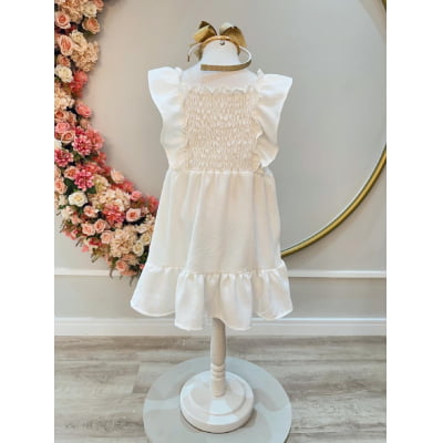 Vestido infantil Crepinho Off White C/ Babados Luxo Casual