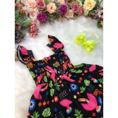 Vestido infantil Crepinho Preto Florido Colorido Luxo