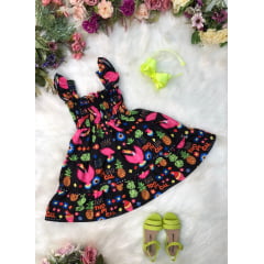 Vestido infantil Crepinho Preto Florido Colorido Luxo