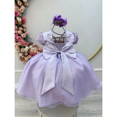 Vestido Infantil Lilás C/ Tule Bordado com Glitter Daminhas