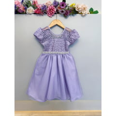Vestido Infantil Lilás C/ Tule Bordado com Glitter Daminhas