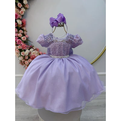 Vestido Infantil Lilás C/ Tule Bordado com Glitter Daminhas