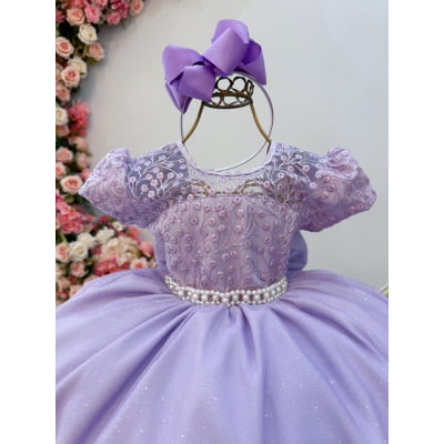 Vestido Infantil Lilás C/ Tule Bordado com Glitter Daminhas