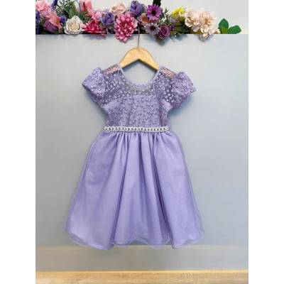 Vestido Infantil Lilás C/ Tule Bordado com Glitter Daminhas