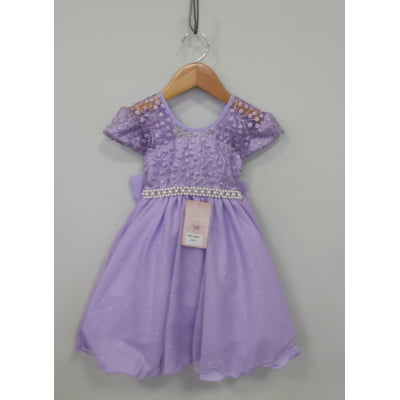 Vestido Infantil Lilás C/ Tule Bordado com Glitter Daminhas