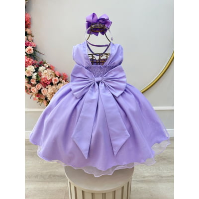 Vestido Infantil Lilás com Pérolas Saia C/ Glitter Daminhas