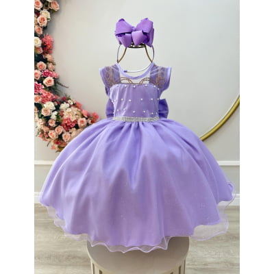Vestido Infantil Lilás com Pérolas Saia C/ Glitter Daminhas