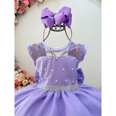 Vestido Infantil Lilás com Pérolas Saia C/ Glitter Daminhas