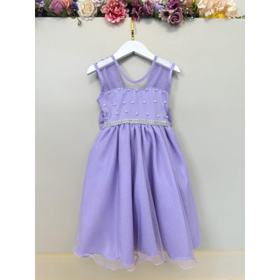 Vestido Infantil Lilás com Pérolas Saia C/ Glitter Daminhas