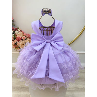Vestido Infantil Lilás Saia C/ Babados e Glitter Daminha