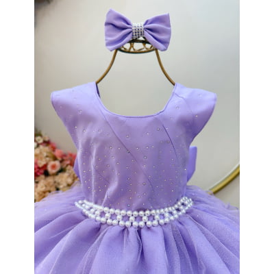 Vestido Infantil Lilás Saia C/ Babados e Glitter Daminha