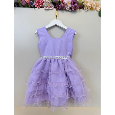 Vestido Infantil Lilás Saia C/ Babados e Glitter Daminha