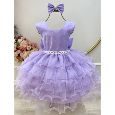 Vestido Infantil Lilás Saia C/ Babados e Glitter Daminha