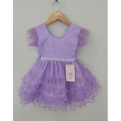 Vestido Infantil Lilás Saia C/ Babados e Glitter Festas