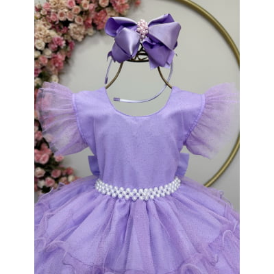 Vestido Infantil Lilás Saia C/ Babados e Glitter Festas